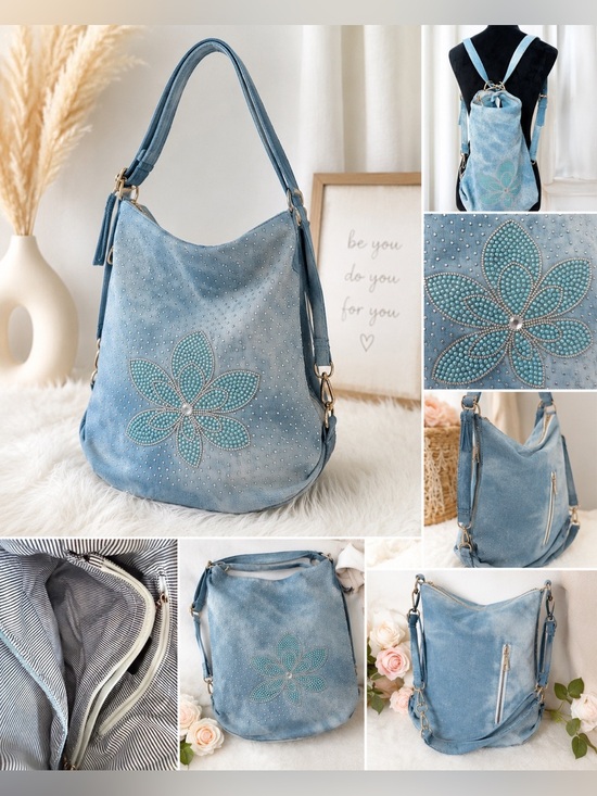 Handbags - Casual Blue Floral Studded Hobo Bag by Manocchio